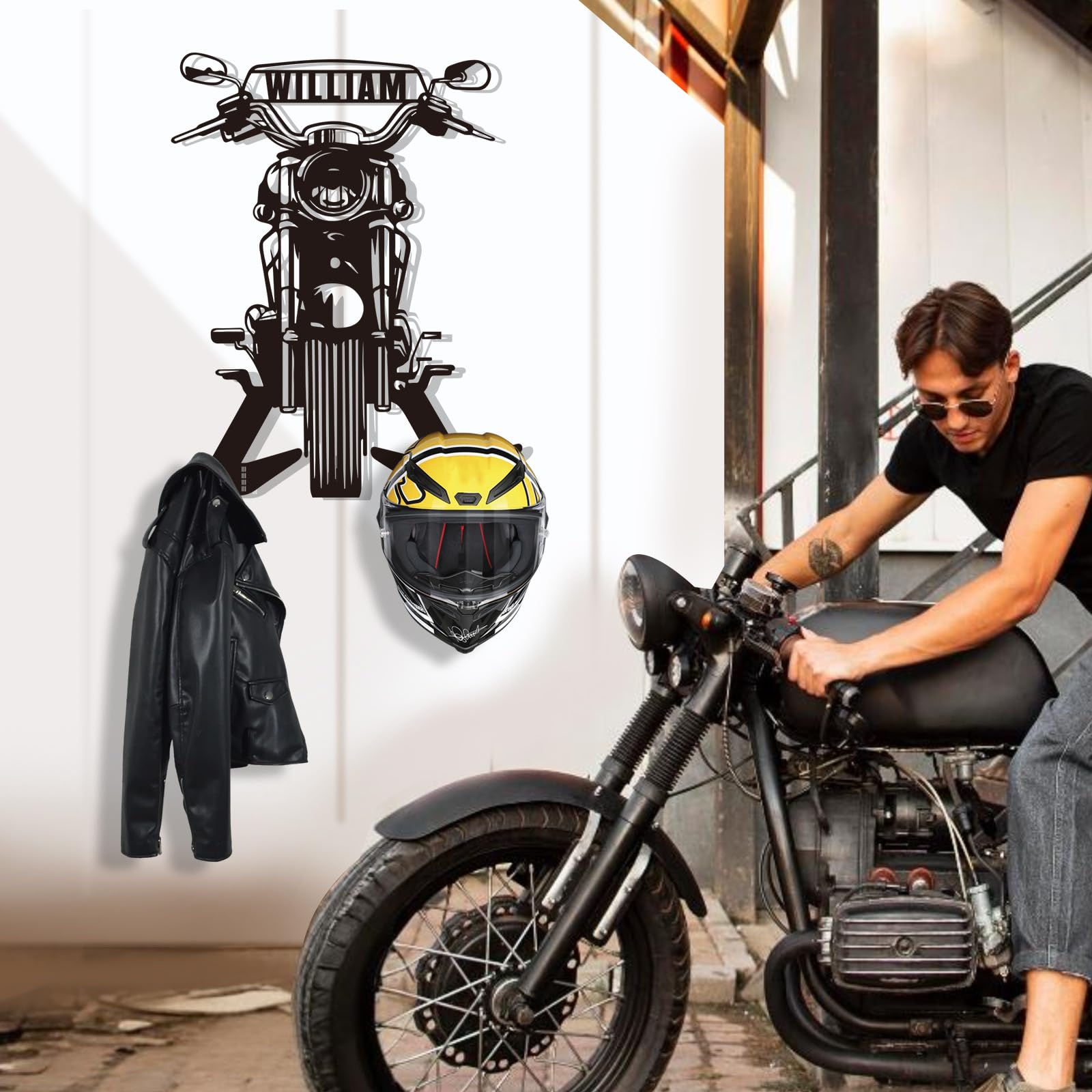 Dyoart Personalized Metal Motorcycle Helmet Holder, Custom Name Helmet Holder Wall Mount, Motorcycle Wall Art Decor with Hook, Motorcycle Helmet Rack for Helmet Clothes Jacket Coat