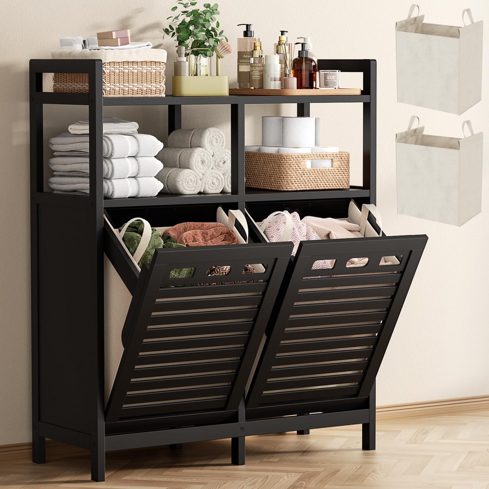 Homykic Bamboo Double Tilt Out Laundry Hamper Cabinet