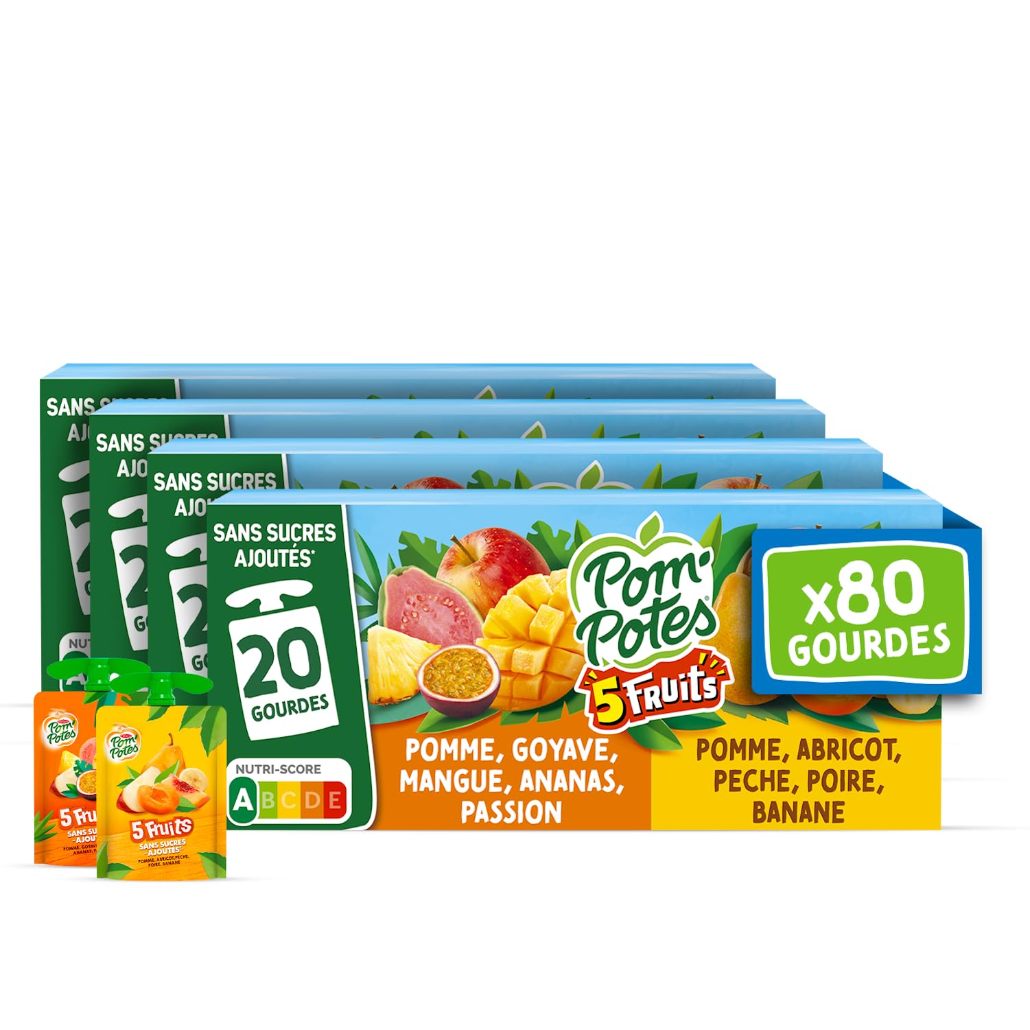 POM'POTES® Compote Sans Sucres Ajoutés 5 Fruits Exotiques/Jaunes 80x90g | Gourde, Pomme Abricot Pêche Poire Banane, Pomme Goyave Mangue Ananas Passion, Source De Fibres, Nutri-Score A, 3 Ans Et Plus