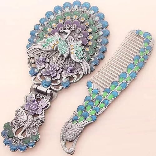 Miniatura 3 de Rayberro Espejo de mano vintage con juego de peine, espejo de mano vintage de pavo real en relieve de metal, espejo de maquillaje de belleza facial,