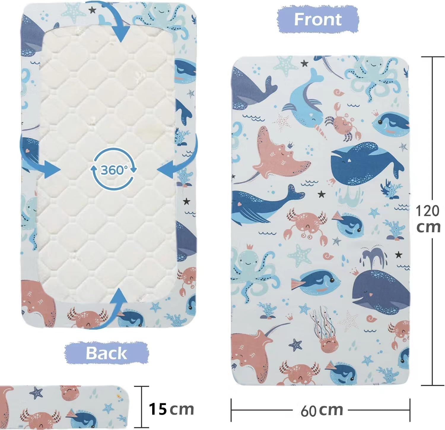 Cot Bed Sheets for Girl Boys, Seaworld, 120x60 - Image 2