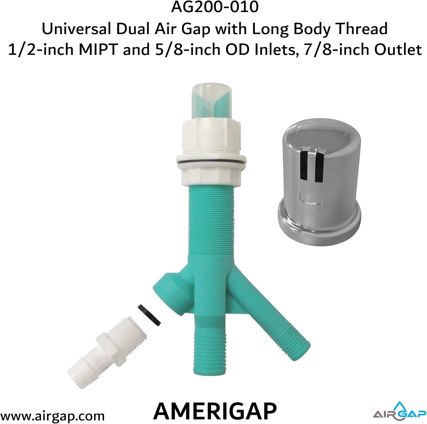 Universal Dual Air Gap with Long Body Thread with 1/2-inch MIPT and 5/8-inch OD Inlets and 7/8-inch OD Outlet (AG200-010 AMERIGAP)