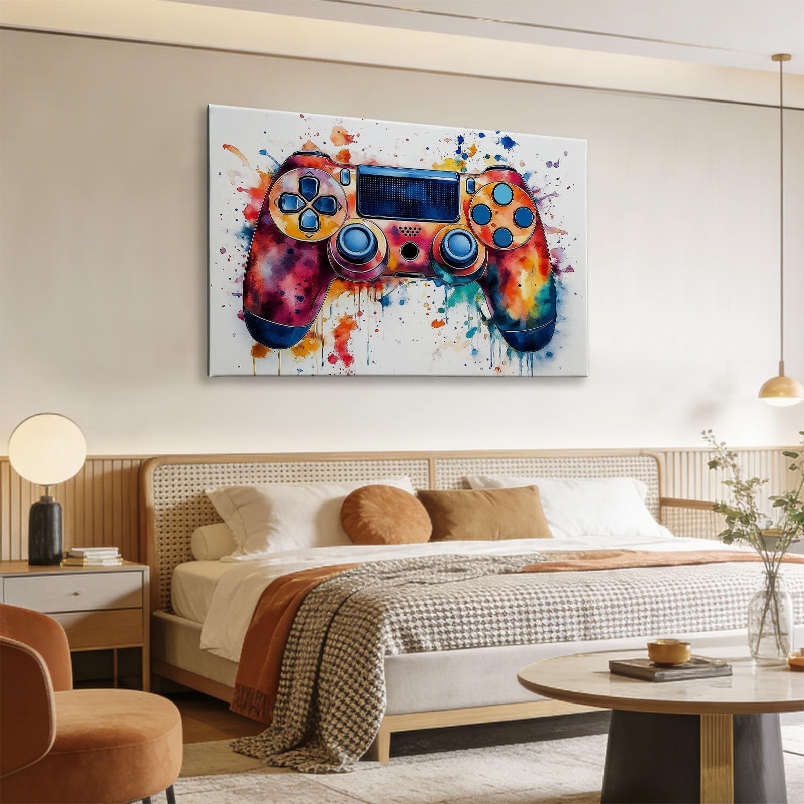 Générique Impression Sur Toile Encadrée Moderne Aquarelle Gaming Manette, Tableau sur toile Cadre Art Mural Peintures Murale Decoration Salle De Jeux Chambre Salle De Loisirs 120 x 80 cm