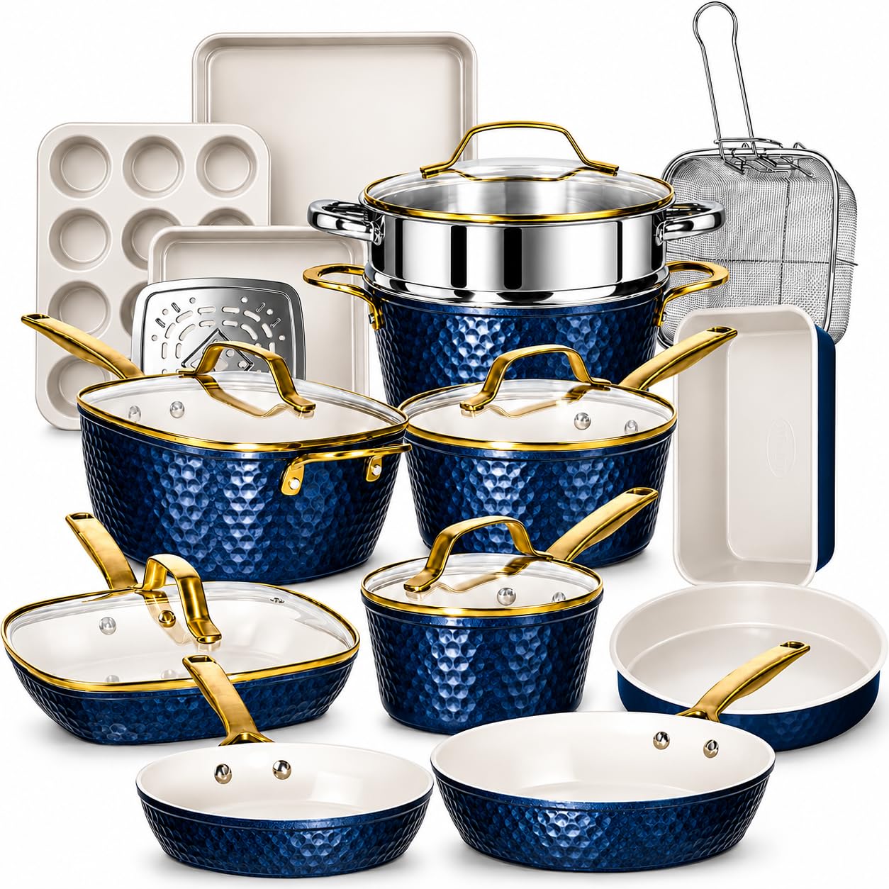 GOTHAM STEEL HAMMERED 20 Pc Ceramic Cookware Set, Titanium & Diamond Coated