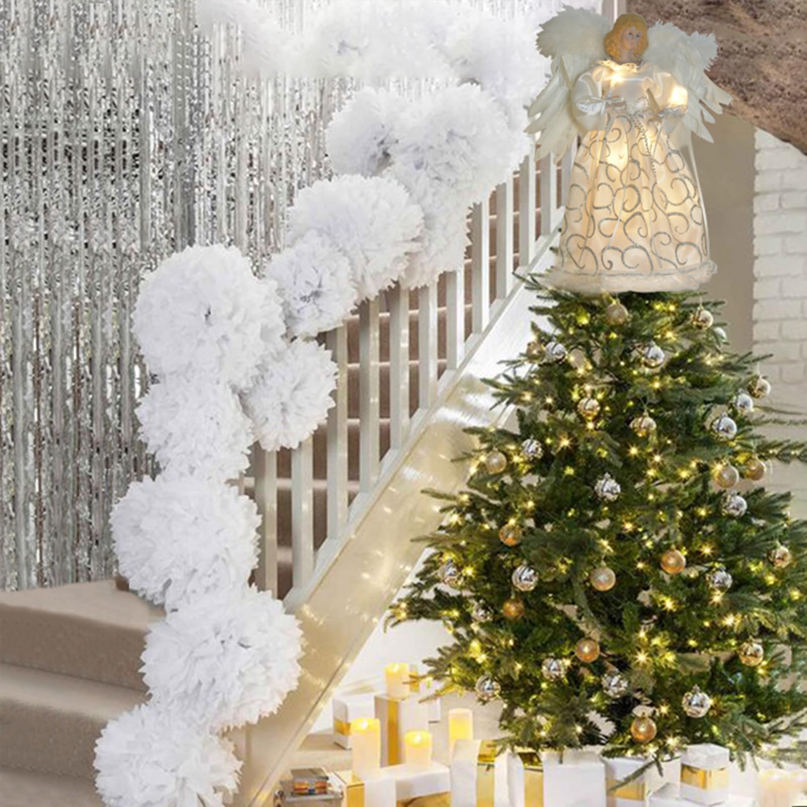 Topper Sapin De Noël Ange Avec étoile Lumineuse - Décoration Sommet Arbre 30 Cm, Plumes Et Guirlande