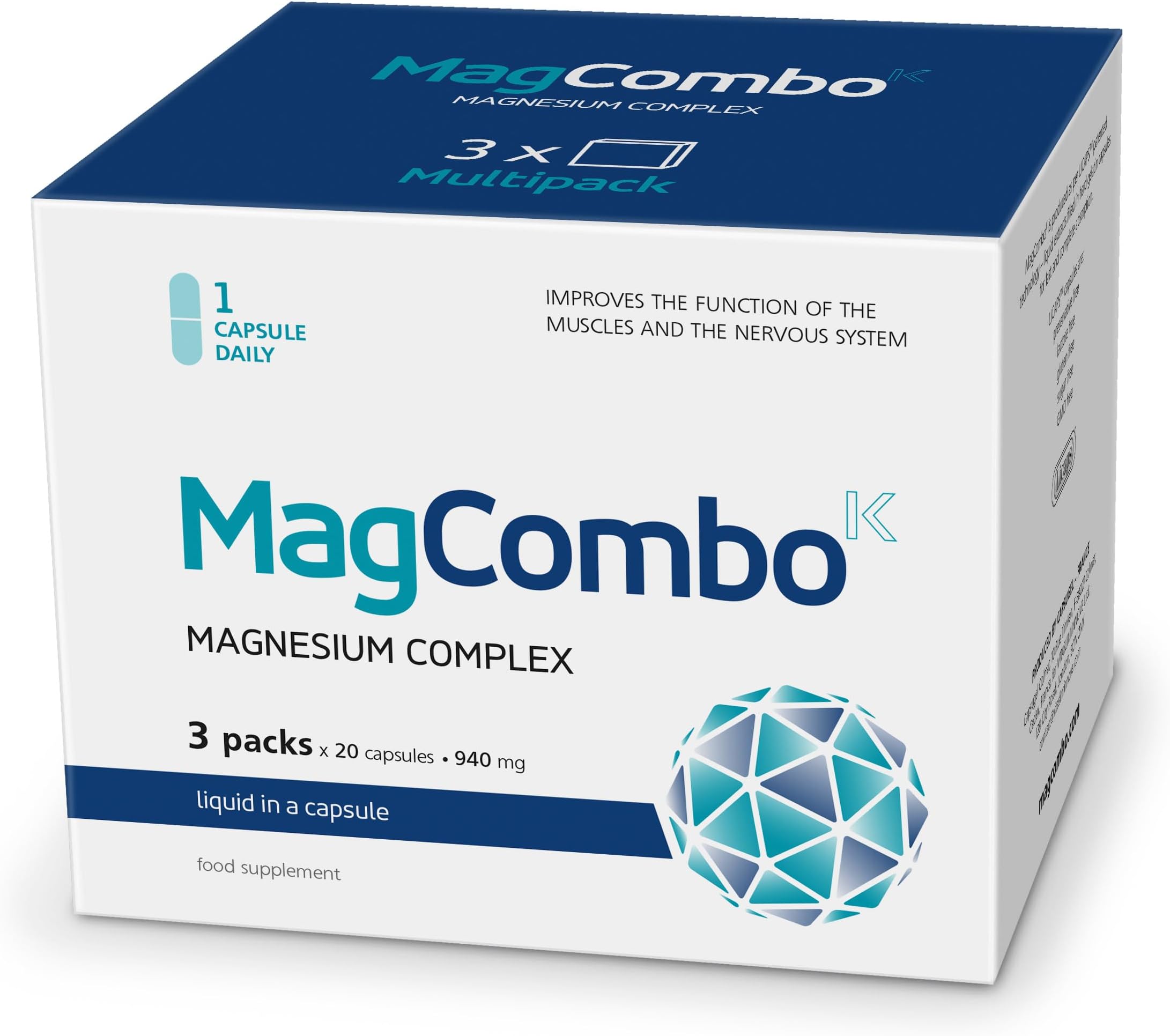 MagCombo - Concentrated Pure Magnesium, Special Oily Formula for Maximum Absorption, enriched with Vitamins B2, B6, B12 and C, 1 Capsule Daily, Laboratory Tested (60 Servings)