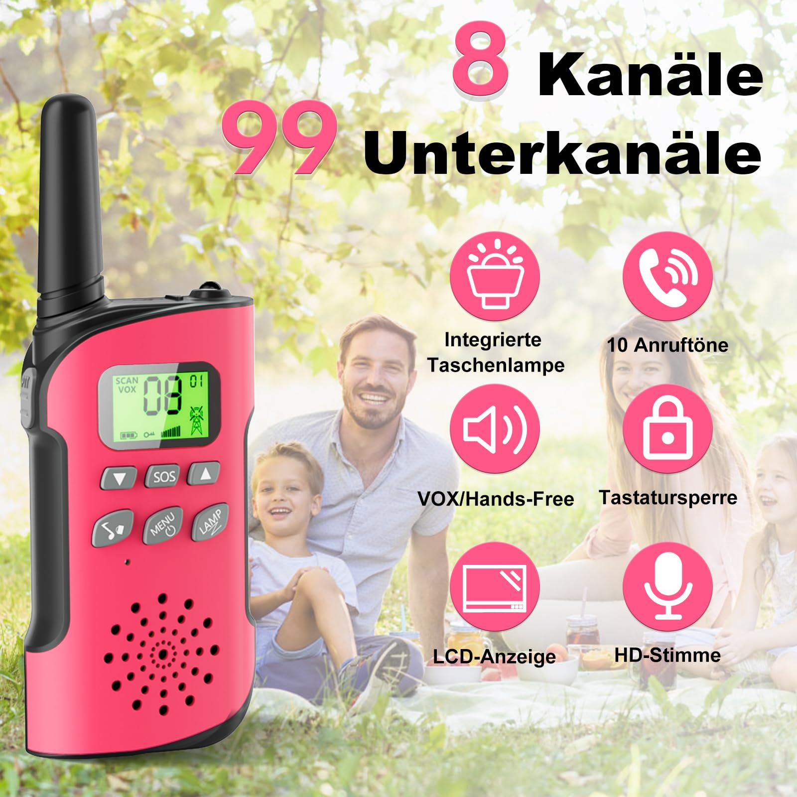 Walkie Talkie für Kinder 4er Set, Walkie Talkie Aufladbar mit Li-ion Akku, Walky Talky mit VOX, Taschenlampe, Funkgerät Set, Walki Talki Camping Abenteuer, Geschenk für Kinder de 3-12 Jahre