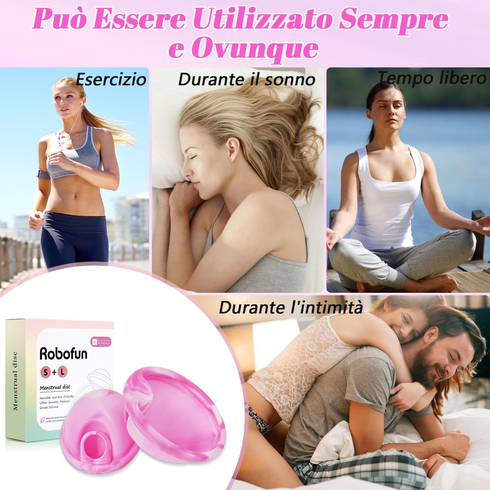 Robofun Disco mestruale, 2 pezzi (S+L) - Coppa mestruale riutilizzabile in silicone medico 100% per tutte le correnti, senza pericolo per lo sport e il nuoto -Bianco&Viola
