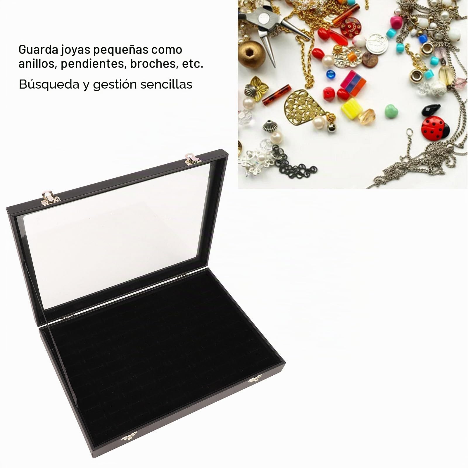 Caja de almacenamiento para anillos con 100 ranuras y tapa transparente, ideal para organizar pendientes, gemelos y joyería pequeña, diseño compacto y elegante