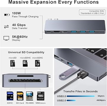 USB C Hub, 8 in 2 USB Adapter Thunderbolt 4 HDMI for MacBook Air/Pro M1-M5 | Thunderbolt 4 Hub 4K HDMI 100W PD 40Gbps USB C 3.0 3 USB A 3.0 SD/TF Card Reader MacBook USB Adapter