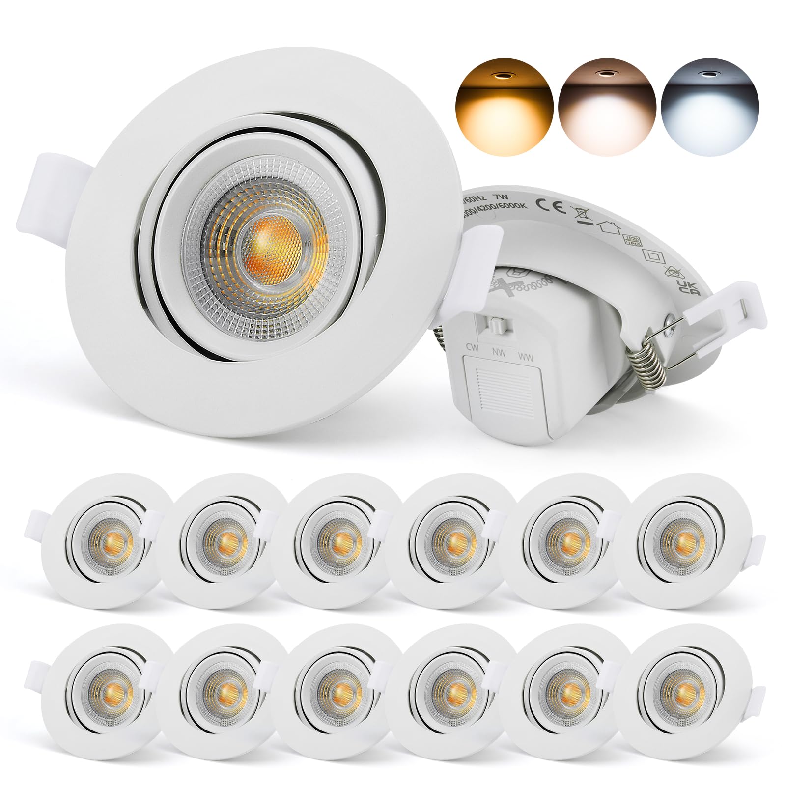 Schiele Reflektor LED do Zabudowy, 230 V, Płaski, IP65, 7 W, Punktowy, 68 mm, Ciepła, Neutralna, Zimna Biel, Wychylne Lampy Sufitowe do Łazienki