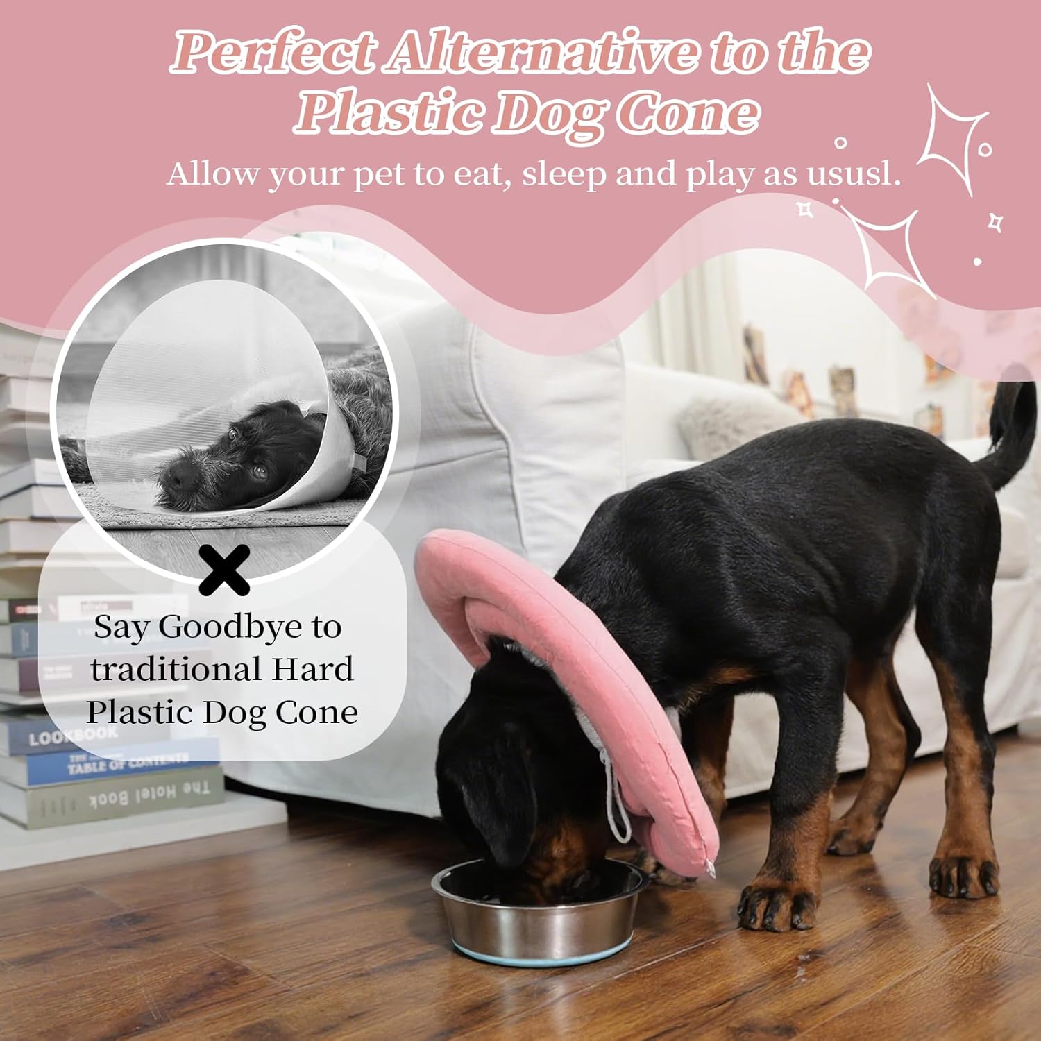 IDOMIK Dog Recovery Collar, Waterproof Soft Dog Cone After Surgery, Comfy Protective Elizabethan Collar Alternative for Dogs Cats, Adjustable Pet Neck Donut Cone Anti-Licking Biting Wounds,Pink,L