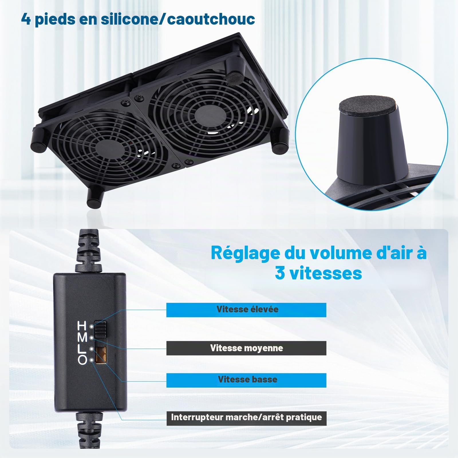 Ventilateur silencieux 2 en 1 - Double USB - 120 mm - Double roulement à billes - 5 V - 3 vitesses réglables L/M/H - Câble 190 cm