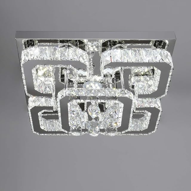 XEMQENER Crystal Chandelier with 5-Square, 68W LED Ceiling Lamp with Cool White Light Only, Finish Chrome Flush Mount Ceiling Light for Bedroom Living Room Bar Kitchen Restaurant(Without Remote)