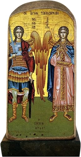 Monte Athos ortodoxo griego de madera hecho a mano icono del arcángel Miguel y Gabriel / Mp5