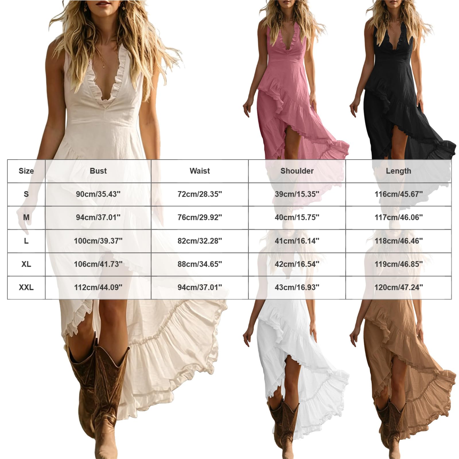 Generico Vestito Lungo Senza Maniche Estivo Donna Stile Boho Casual Collo a V con Volanti Gonna Asimmetrica a Balze Abito Bohémien Elegante per Vacanze Mare Matrimoni Estivi
