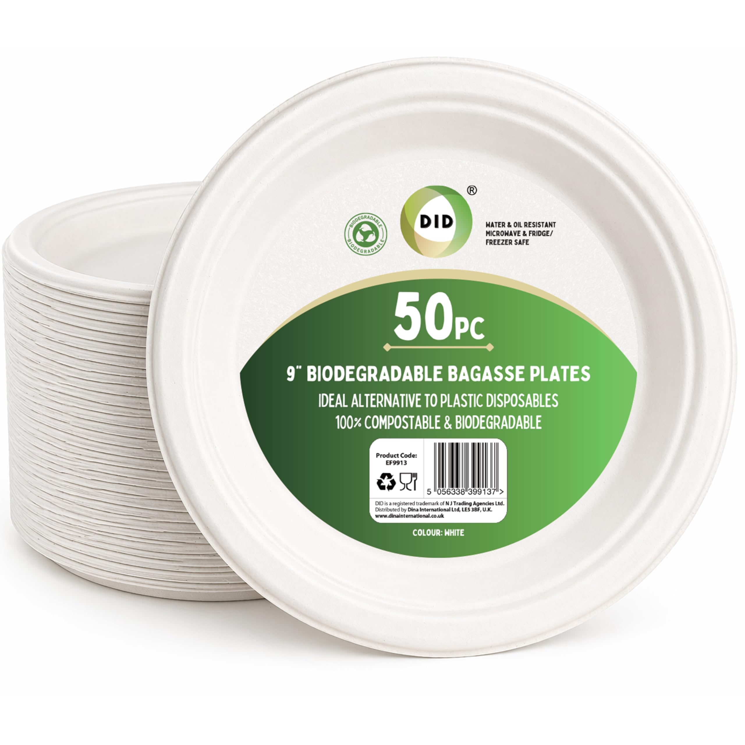 DID 50 Pack 9 inch Biodegradable Bagasse Plates, Eco Friendly, Disposable Tableware, Compostable White Round Serving Dishes for Parties Events Catering Water & Oil Resistant, Freezer & Fridge Safe