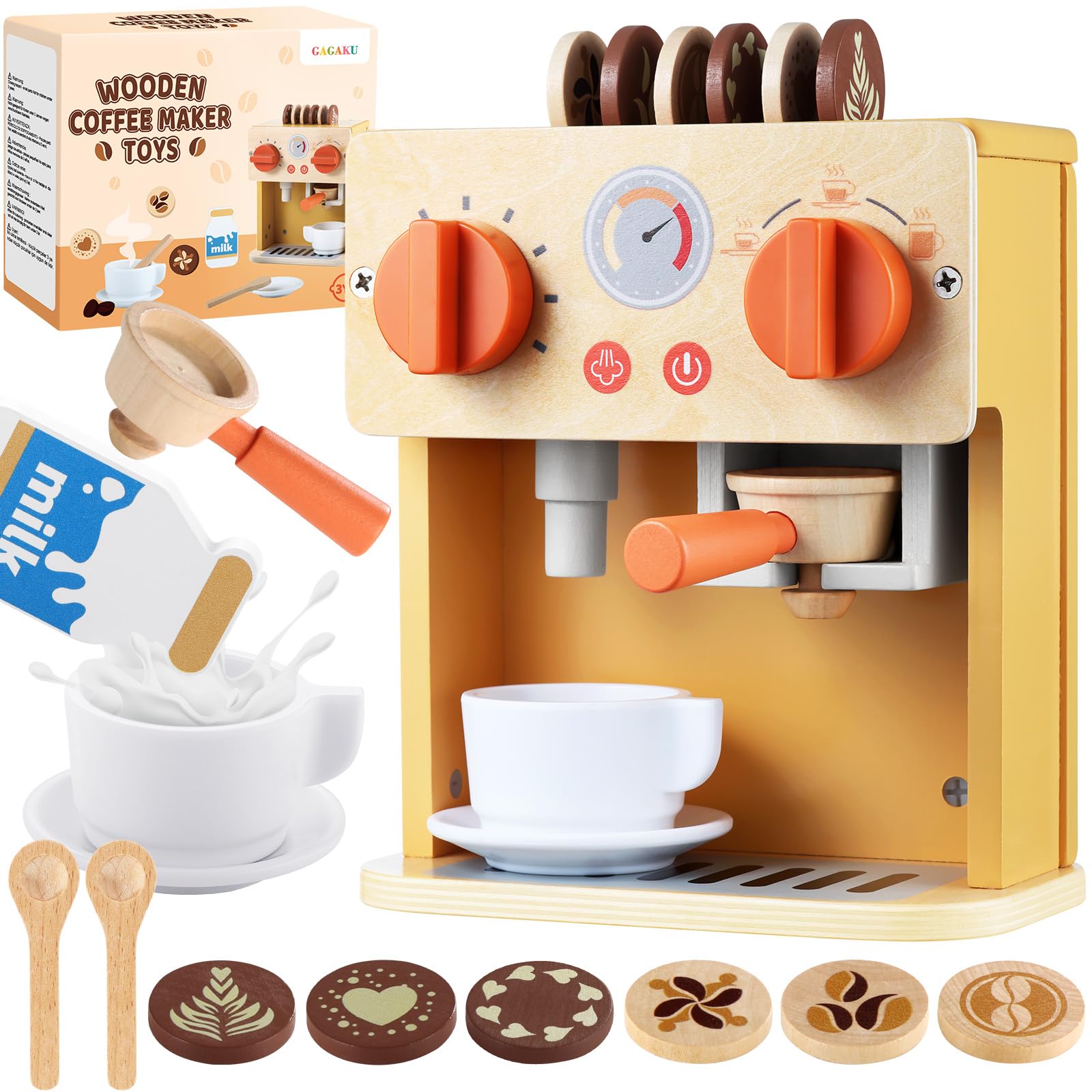 GAGAKU Cafetera de madera, juguetes para niños, juegos de fantasía, cafetera espresso, juego de accesorios para cocina de juegos, juguetes de cuero de madera para coordinación mano-ojo y habilidades