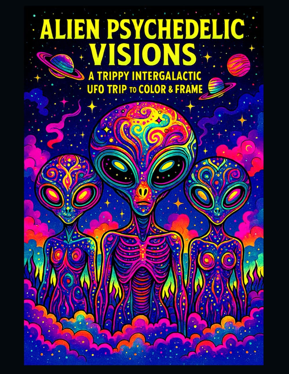 ALIEN PSYCHEDELIC VISIONS A TRIPPY INTERGALACTIC UFO TRIP TO COLOR & FRAME: An Adult Coloring Book of Trippy Alien Art, Psychedelic Space Scenes & ... | Large format | 50 illustrations to frame |