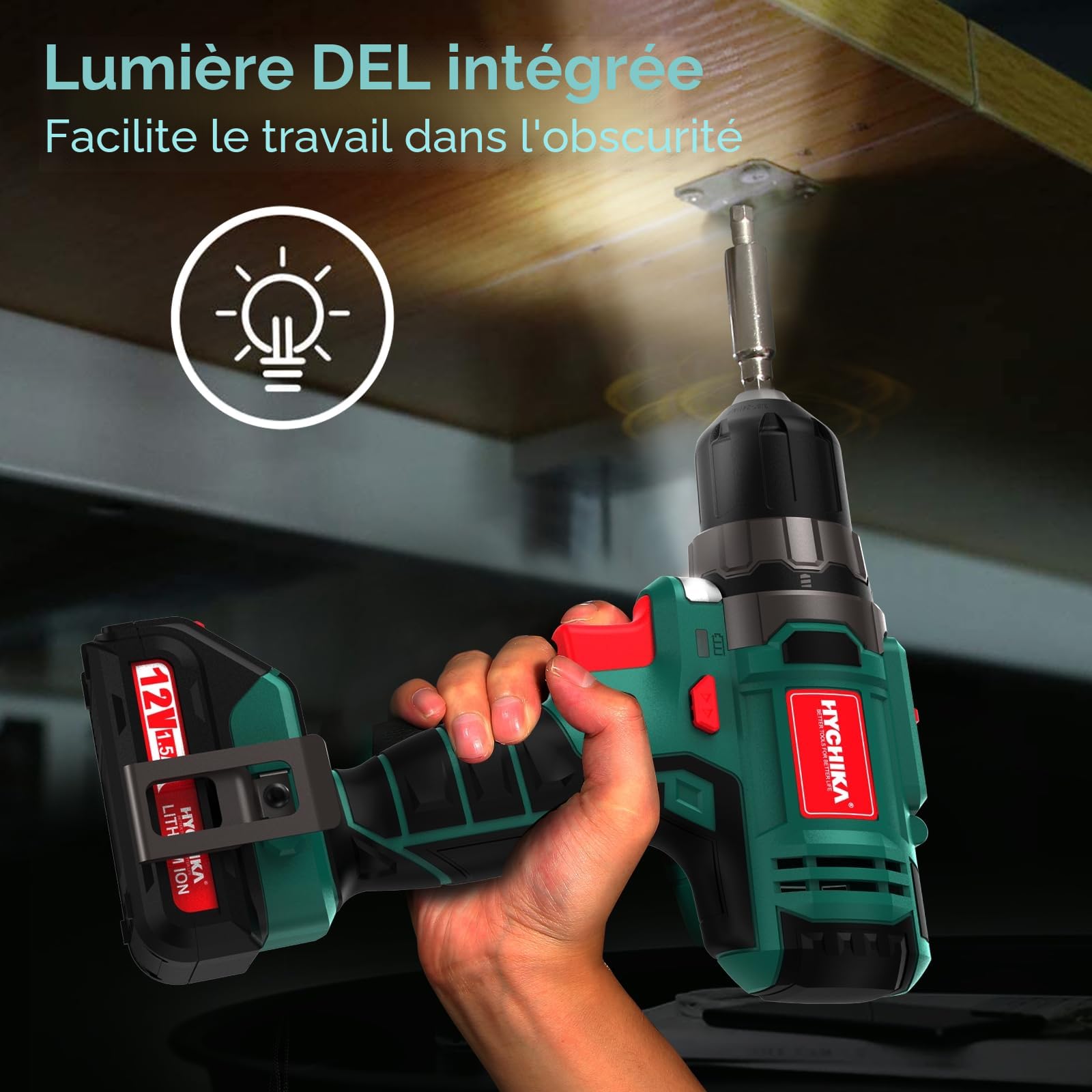HYCHIKA Perceuse Visseuse Sans Fil 12 V 30 N.m 21+1 Réglages Couple 2 Vitesses 26 Accessoires LED Bricolage
