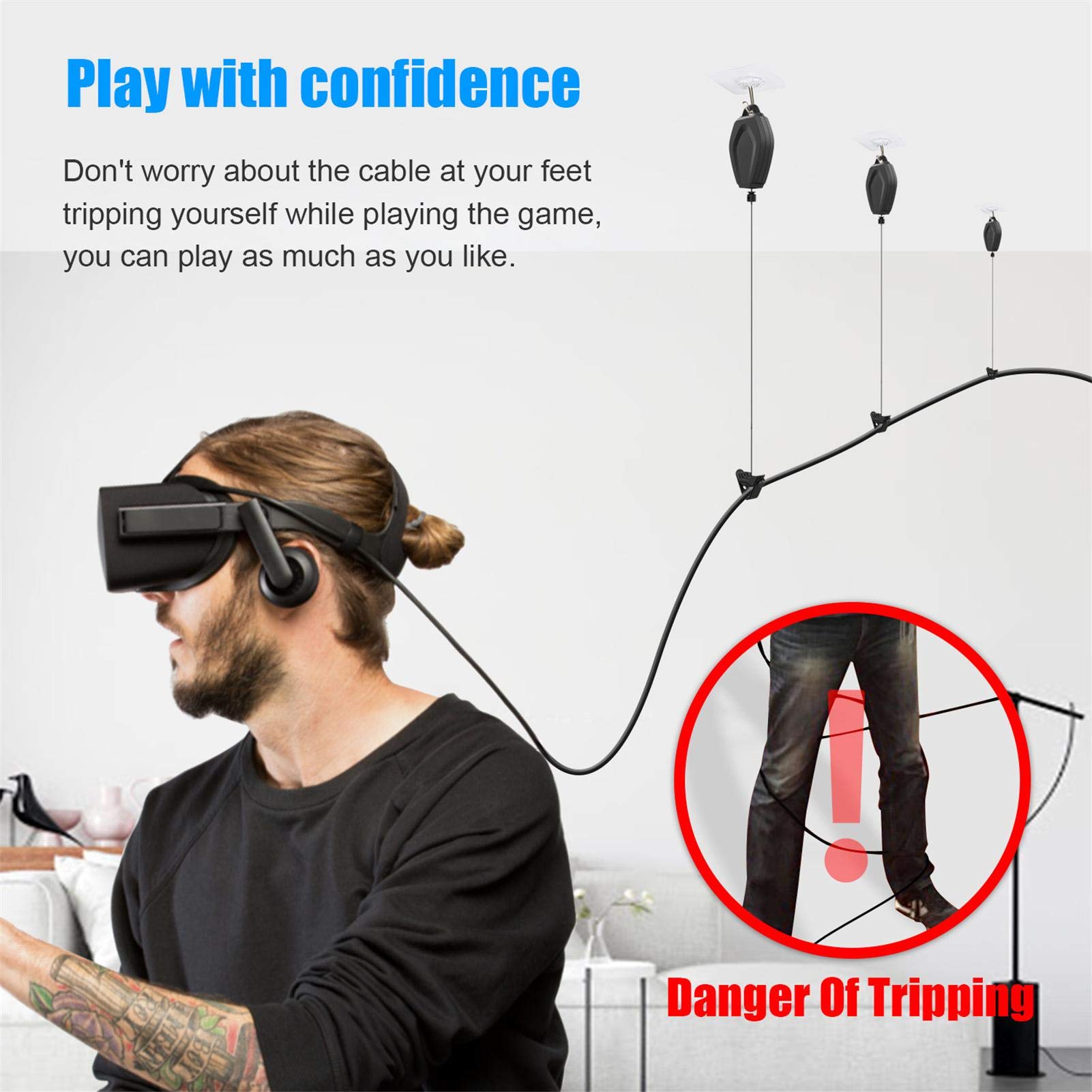 Gestion des Câbles VR, Lot de 6 Systèmes de Poulies de Plafond Rétractables avec Crochets et Vis pour Quest 2, Rift, Rift S, Valve Index,Vive, Câble de Liaison PSVR (Crochet de