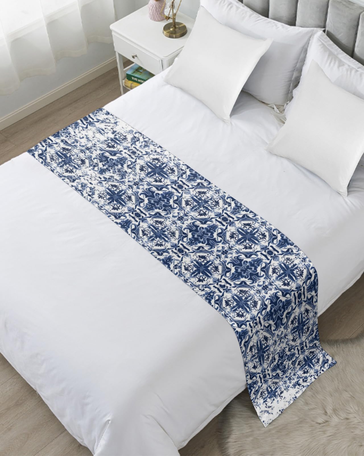 Ldtrchee Bed Runner for King Size Bed, Navy Blue Boho Bed Scarf Throws for Foot of Bed, Ehtnic Abstract Art Modern Geometric Luxury Bedding Protector Bed Runners for Hotel/Home, 94 x 20 Inch