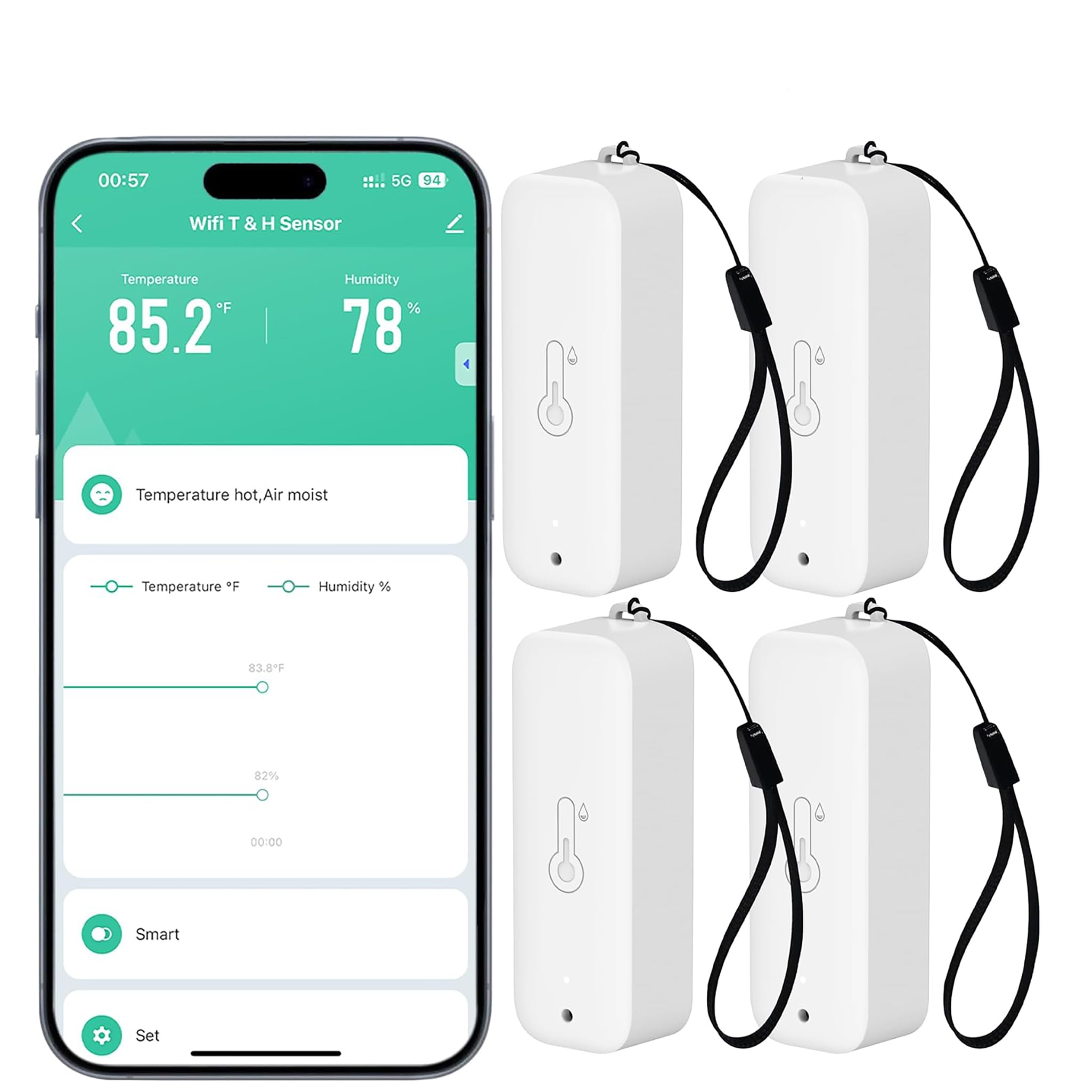 WiFi-Hygrometer Thermometer-Sensor - kabelloser Temperatur- und Feuchtigkeitssensor für den Innen- und Außenbereich mit Remote-App-Benachrichtigungsalarm, für Gewächshaus Weinkeller (4 Stück)