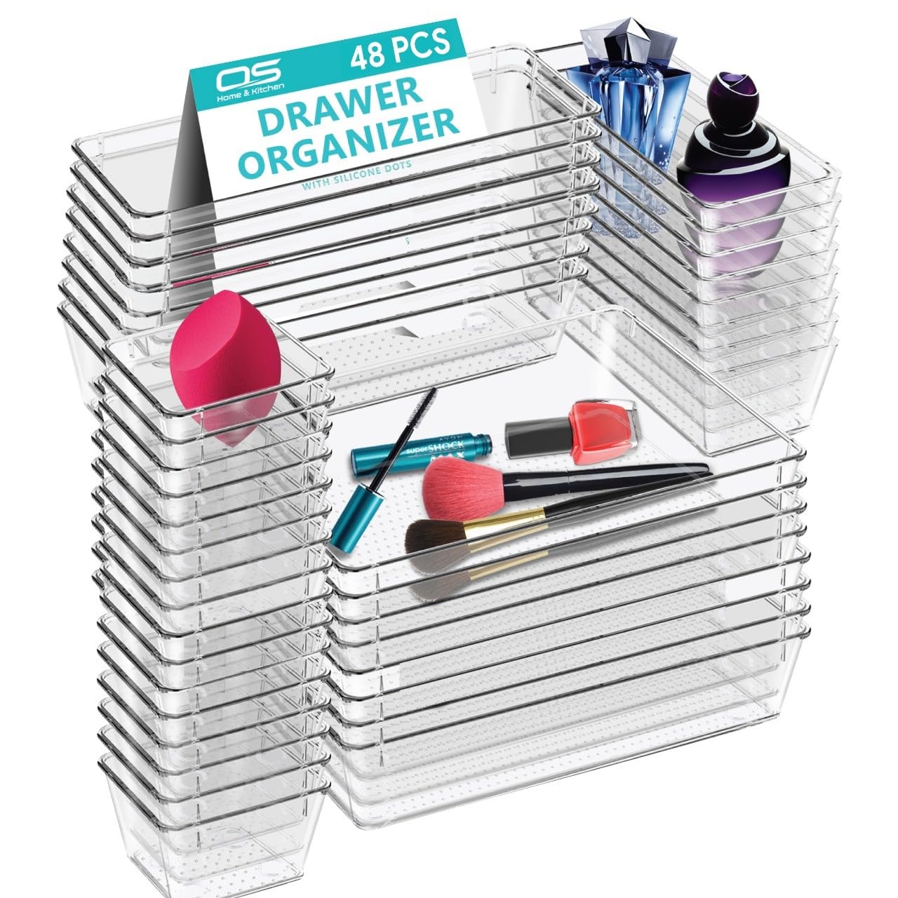 Clear Drawer Organiser Trays Set – Makeup Organiser Tray for Drawers – Versatile Makeup, Cosmetics, and Utensil Storage for Bedroom, Office, and Kitchen- Cutlery Set Divider In 4 Sizes (TRAY-48PCS)