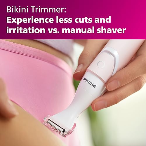 Vista 13 de Maquina depiladora Philips Bikini Genie BRT383 inalámbrica, para la línea del bikini, con cabeza afeitadora y cepillo, para mujeres Rosado y blanco