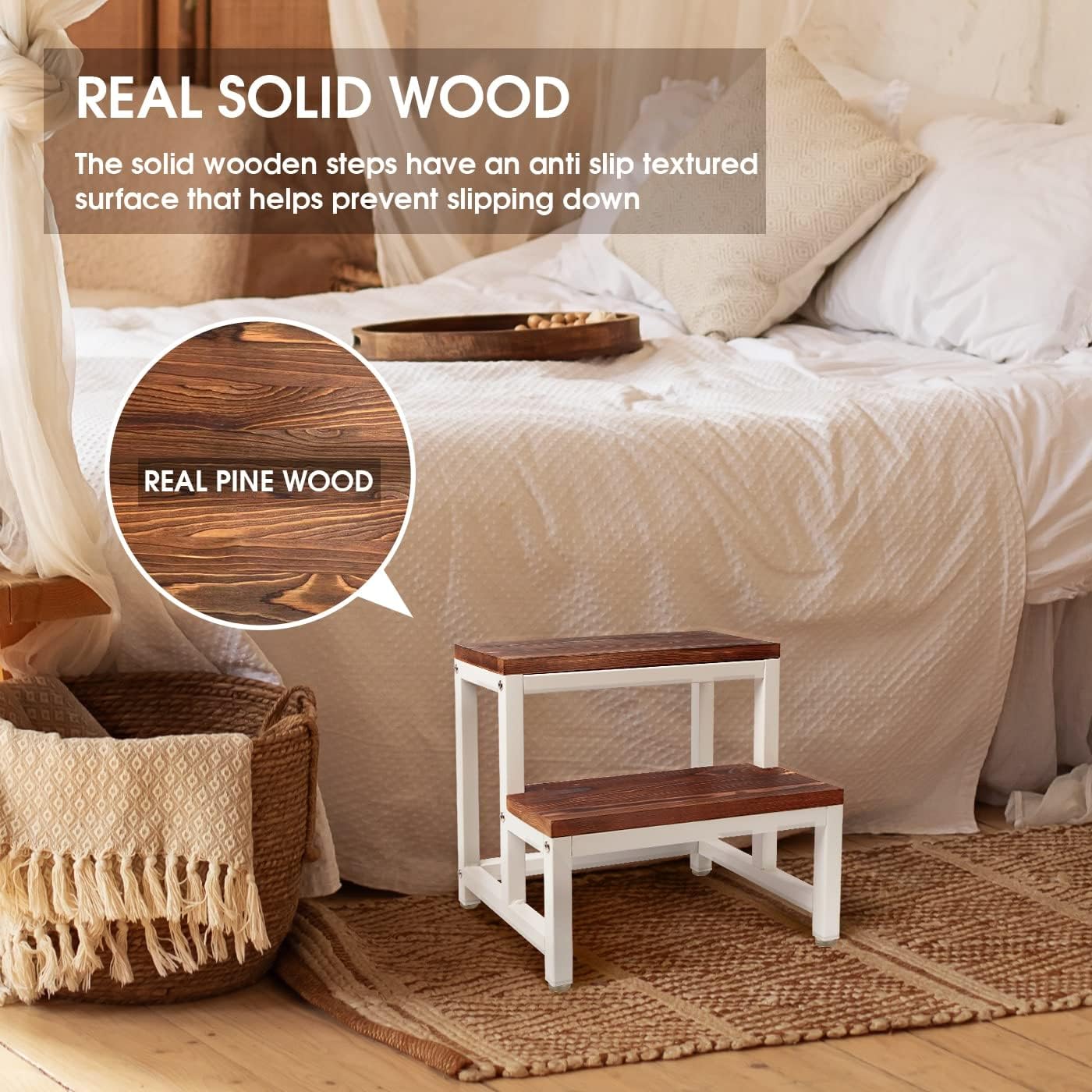 JACKCUBE Design Step Stool for Adults Kids, Solid Wood 2-Step High Bed Stool, 500 Lb Capacity Bedside Stepping Utility Step Stool for Kids Toddlers Adults in Bedroom, Bathroom and Kitchen -MK911A