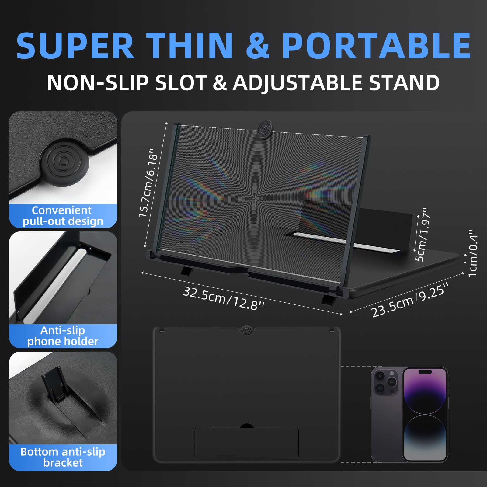 Loupe d'écran pour téléphone portable 16 ", lentille HD Fresnel, pliable et portable, avec support, filtre de lumière bleue pour la protection des yeux, idéale pour les films, les vidéos et les jeux