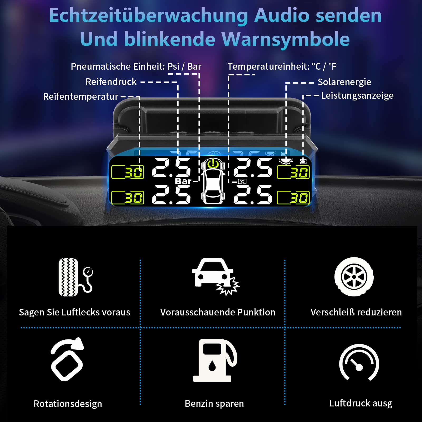 Système De Surveillance De La Pression Des Pneus Tpms Moniteur De Pression Des Pneus Réglable Et Amovible Solaire Avec 6 Modes D'alarme Et Détection Automatique En Temps Réel Pour Voiture 22-87 Psi
