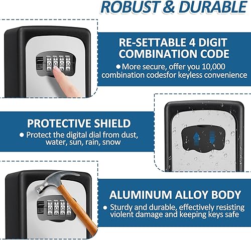 Miniatura 3 de Paquete de 2 cajas de cerradura de llave, caja de bloqueo de combinación de 4 dígitos, caja de bloqueo de pared impermeable para almacenamiento de
