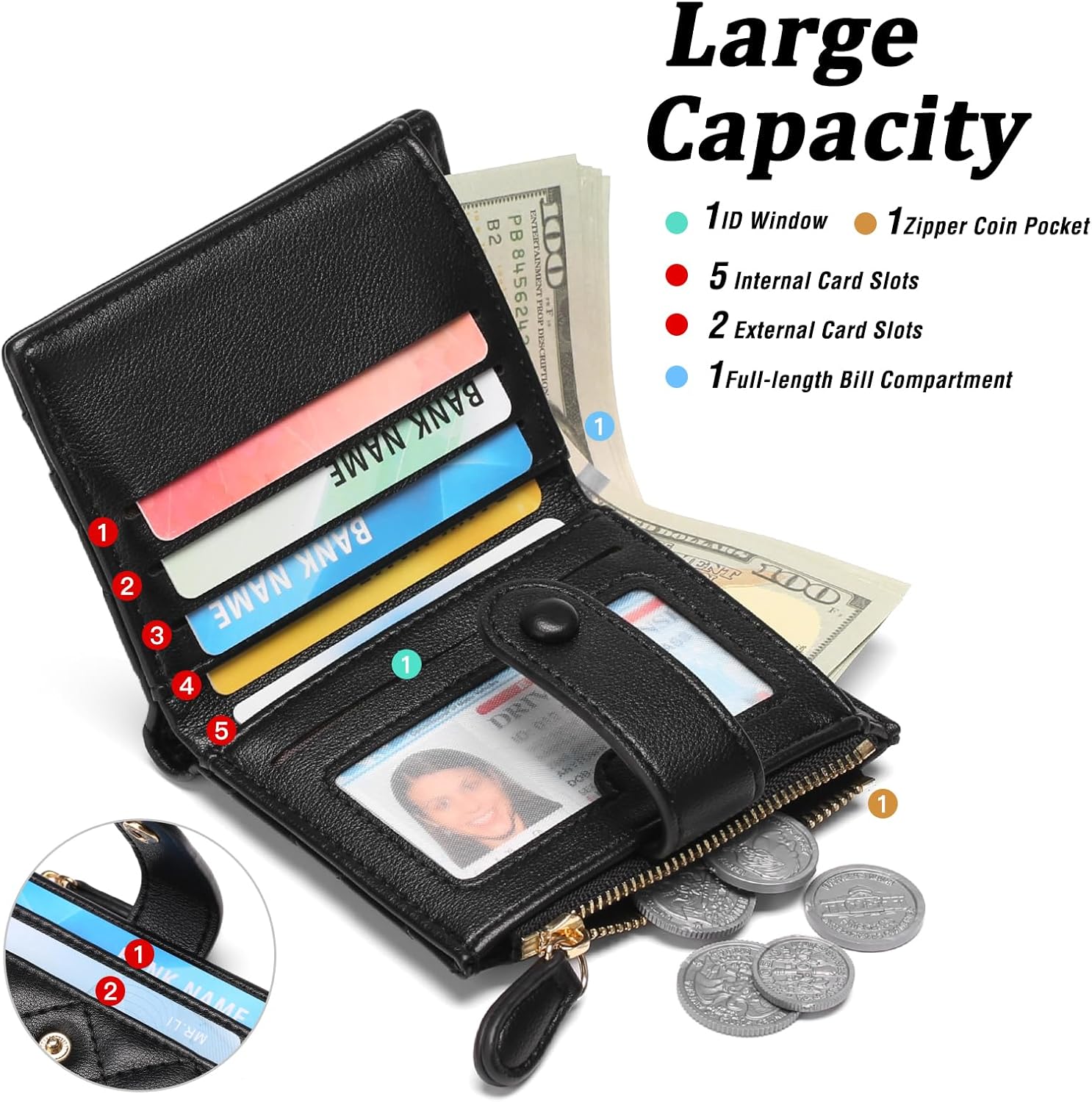 GAEKEAO Small Wallet for Women Slim Bifold Leather RFID Blocking Credit Card Holder Wallets Zipper Pocket Coin Purse with ID Window - Image 6