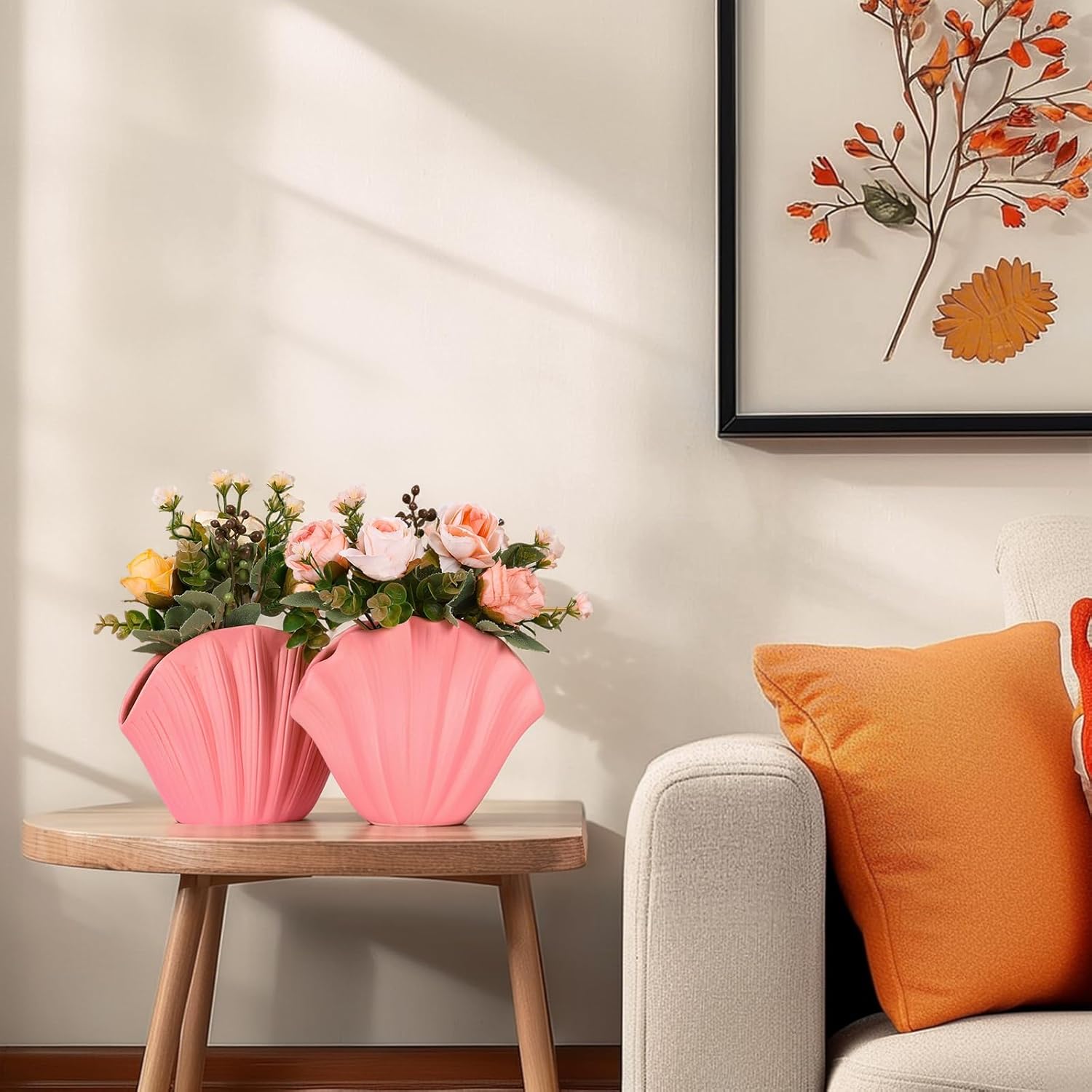 Pink Ceramic Shell Vase Set of 2 - Funky Seashell Planter for Pampas Grass, Cute Coastal Decorative Vases for Bedroom, Shelf, Bathroom, Table Centerpiece, Boho or Aesthetic Home Decor