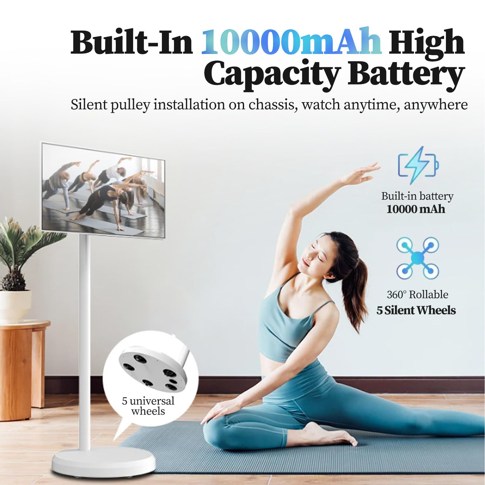 Téléviseur Portable 32 Pouces - écran Tactile 1080p sur roulettes avec Caméra 8 Mpx, Stockage 8 Go + 128 Go, Batterie 10 000 Mah, Tablette TV Rotative avec Télécommande 32inch-6+64G