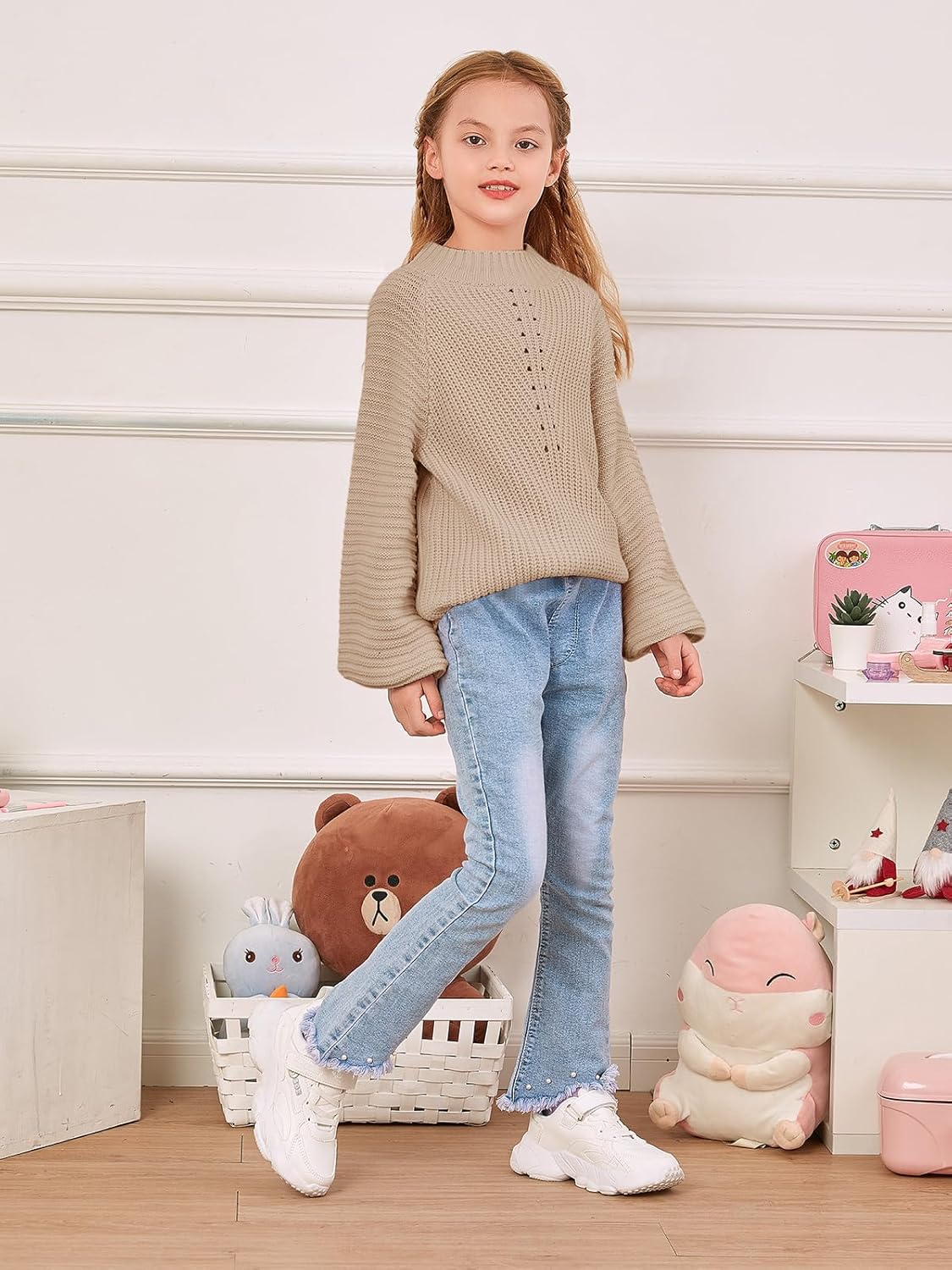 Imily Bela Girls Sweaters Kids Casual Bell Sleeve Knit Pullover Jumper Tops - Image 3