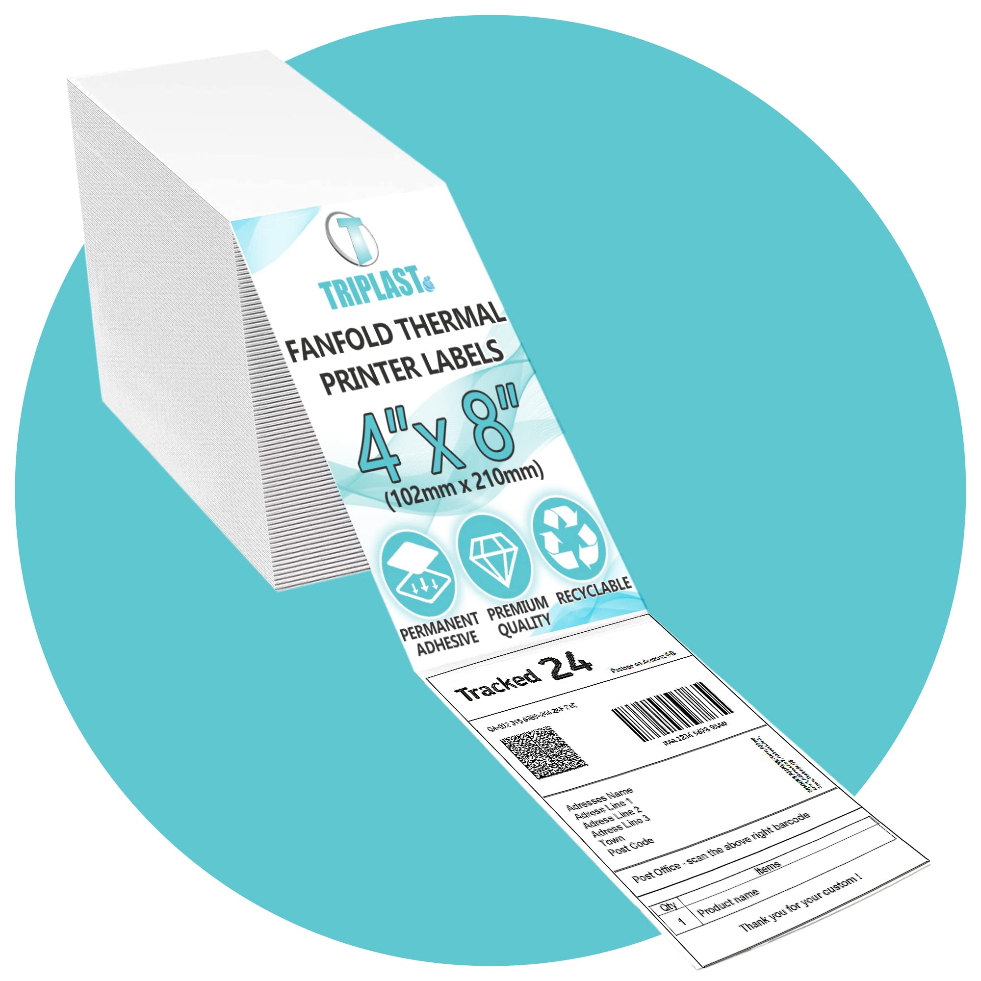 Triplast 6000 x White Fanfold Thermal Printer Labels (4x8 inch / 102x210mm) - for Printing Courier & Shipping Labels - Compatible with All Thermal Printers