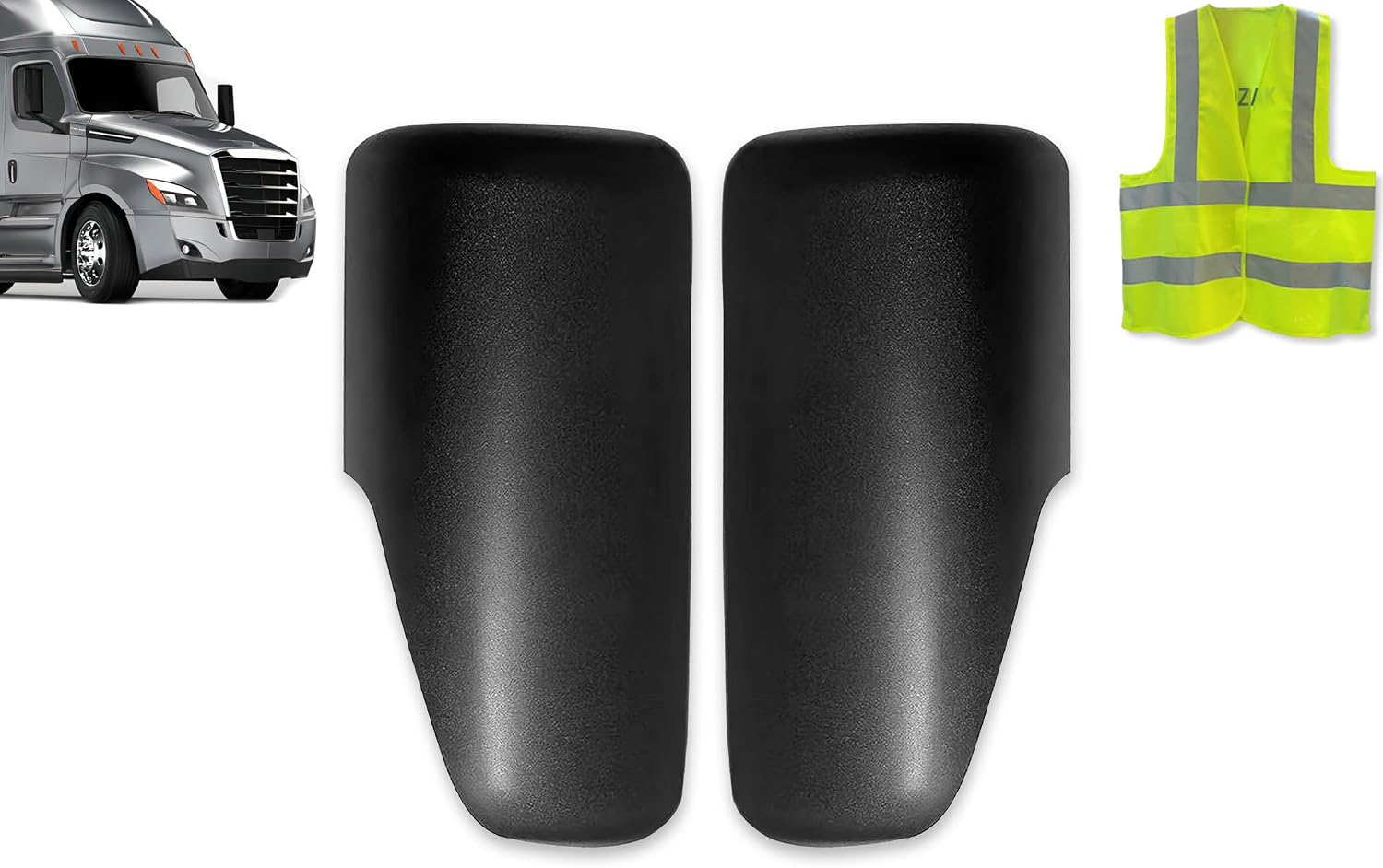 KOZAK Black Door Mirror Covers Pair (Left Driver & Right Passenger Side) Compatible with Freightliner Cascadia 2018+ PLUS Logo and KOZAK Reflective Vest