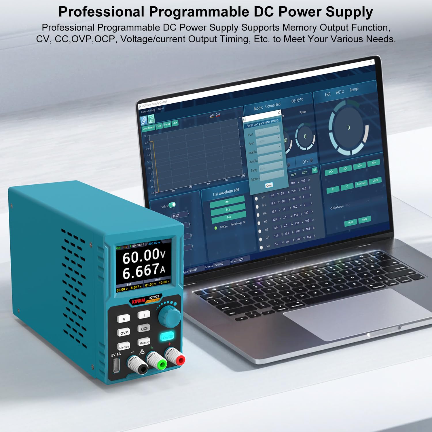 Programowalny zasilacz 400 W DC (0-60 V 0-20 A) Wejście 110 V Wysoka dokładność 4 cyfry Wiele zabezpieczeń z oprogramowaniem PC i ładowaniem USB