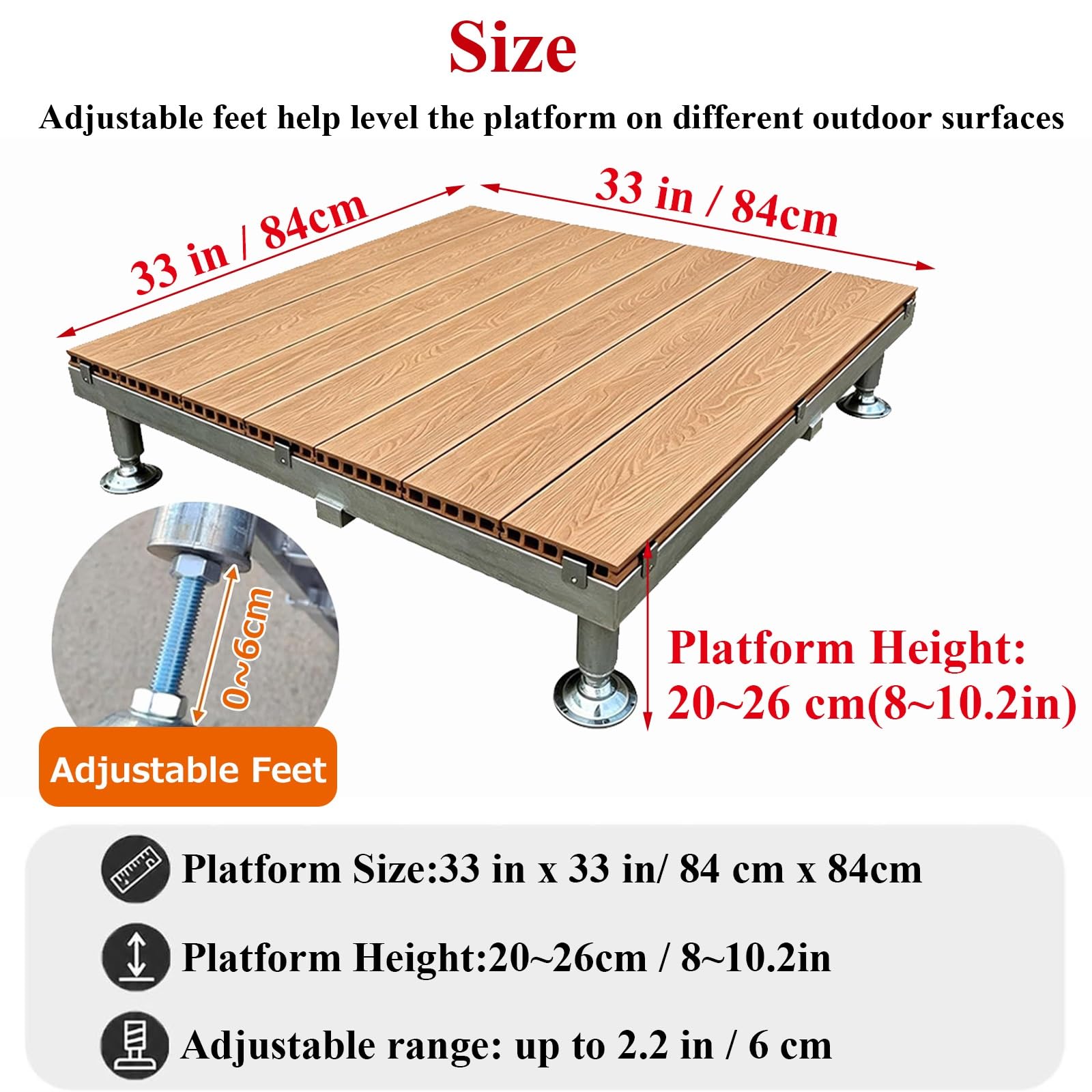 Pavimento Terrazzo Piattaforma Decking WPC Modulare Con Piedini Regolabili | 84x84cm Piastrelle Rialzato Da Giardino Esterno Con Telaio Metallico,Impermeabile, Per Campeggio, Palco(Light brown)