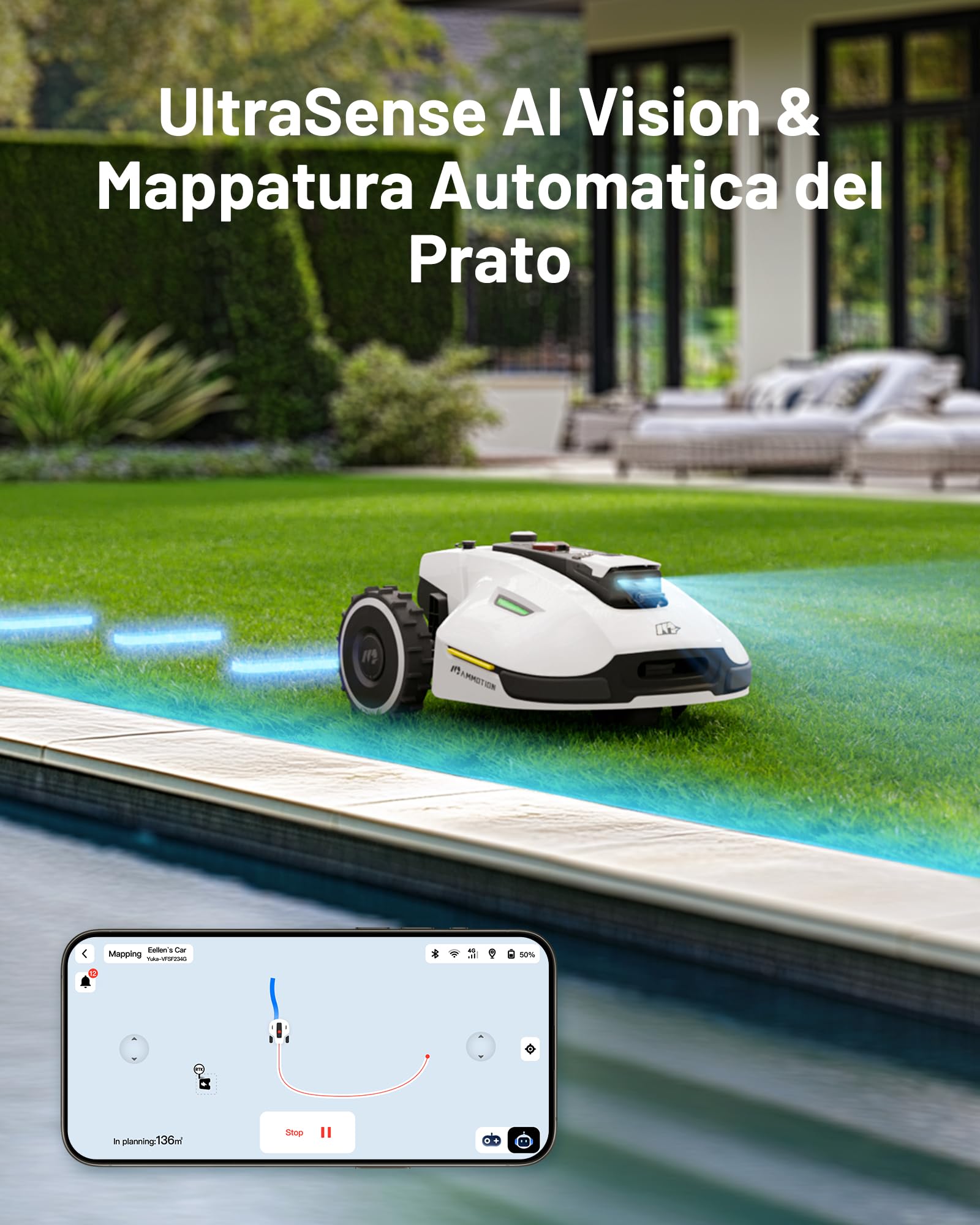 MAMMOTION YUKA 2000 Robot Tagliaerba Senza Filo Perimetrale, Consigliato 2000m², Max. 2400m², 3D AI Vision Auto-Mappaturae, 45% Pendenze, Altezza Taglio 20-90mm Larghezza Taglio 320mm, con Modulo 4G