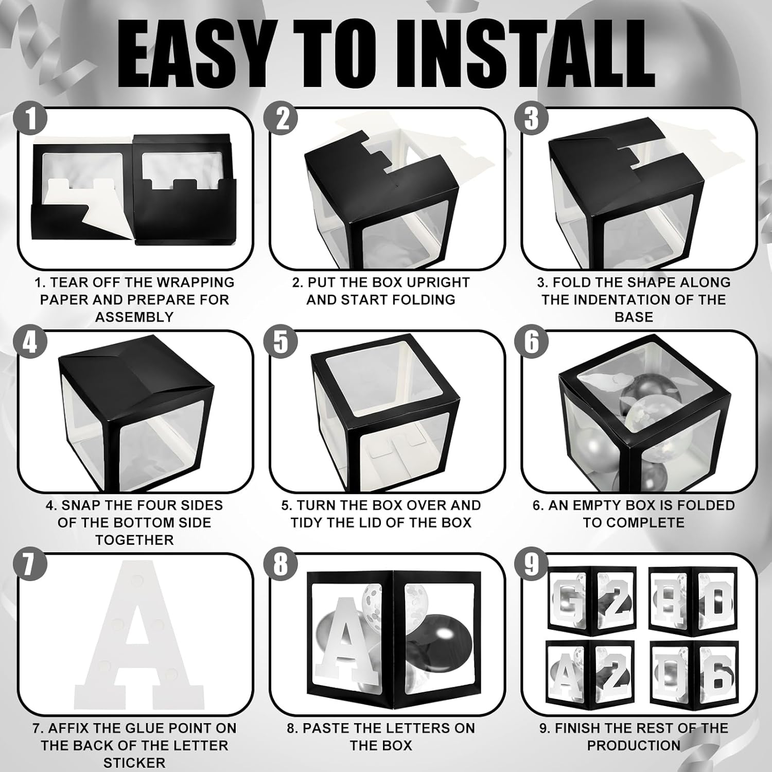 Seenelling 133 Pcs Graduation Decorations 2026 Set Black Sliver Balloons Boxes with Letters 2026 Grad Square Foil Balloons Complete Party Supplies for High School College Celebrations
