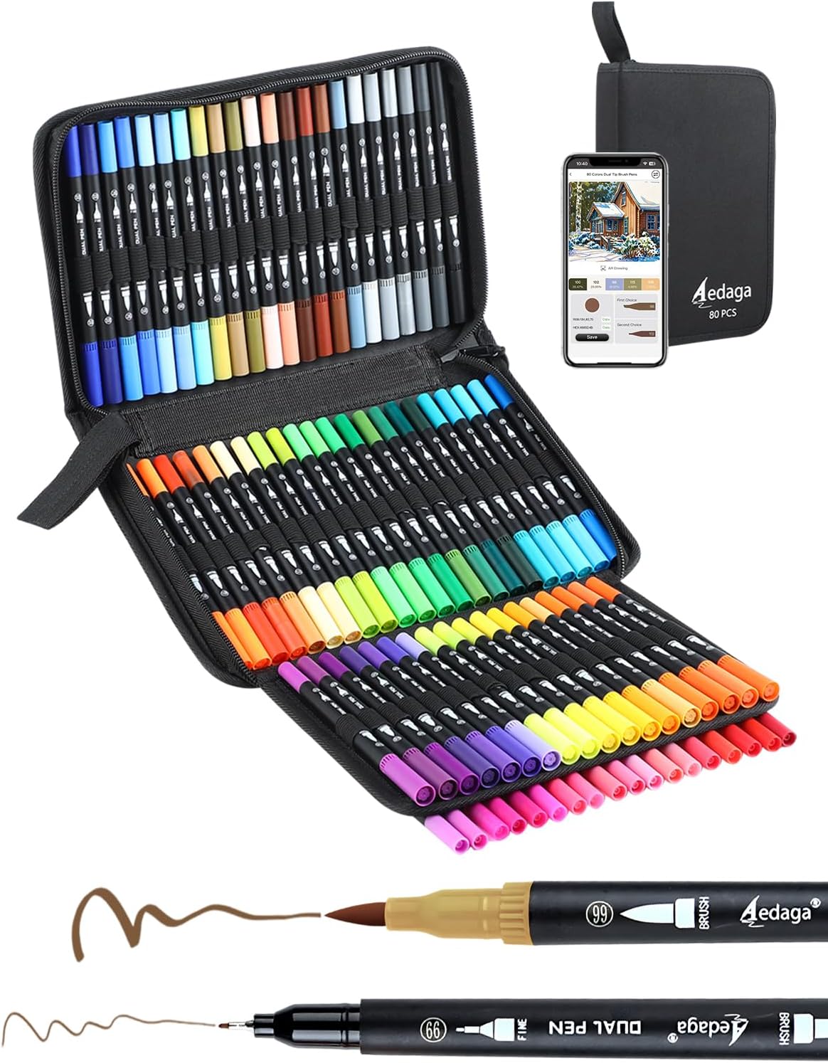 80 Colors Dual Brush Markers, Fine and Brush Tips Numbered Pens with App, for Adults and Kids, Coloring Book Bullet Journaling Note Taking Planner Hand Lettering Calligraphy Drawing Art Supplies Kit