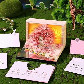 3D 3D Sticky Notepad Memo Pad Memo Paper Calendar with LED Light Carving Paper Art Office Stationery Birthday Christmas Gift Pink Tree