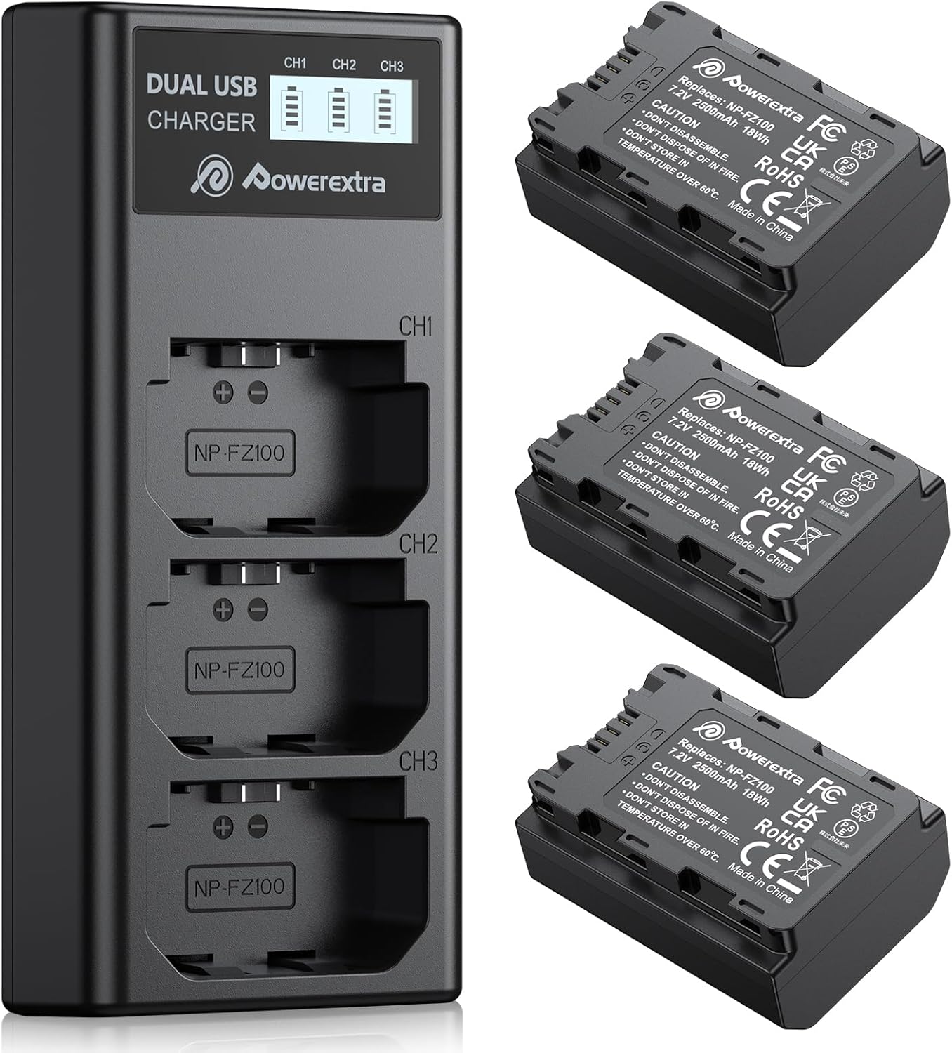 Powerextra NP-FZ100 Battery and Triple Battery Charger for Sony A1, Alpha A7 III, A7R III, A9, Sony Alpha 9, A7R3, a6600, a7R IV, Alpha a9 II, Alpha 9R, A9R, Alpha 9S Camera