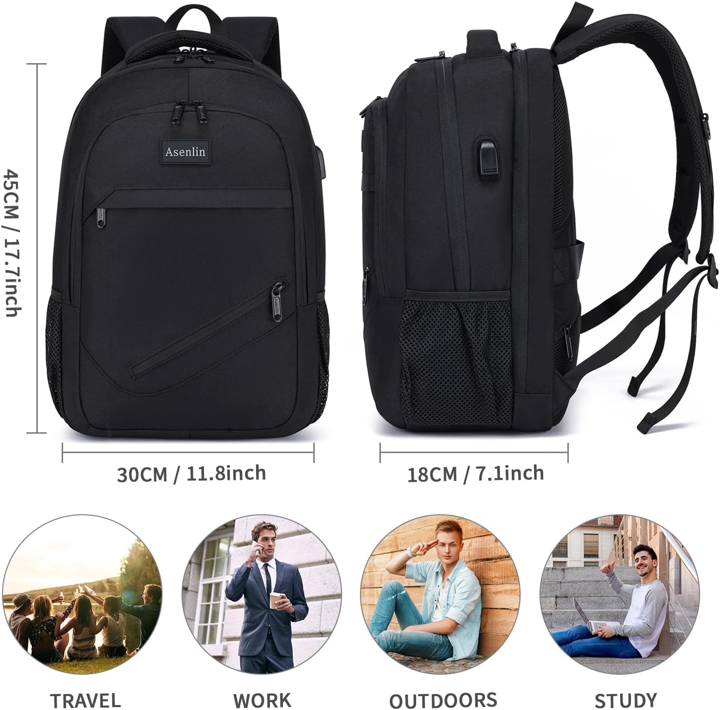 Asenlin Travel Laptop Backpack for Women & Men,Water Resistant Business Slim Sturdy Laptops Backpack with USB Charging Port,Fits 17.3 Inch Notebook College School Computer Bag-Black