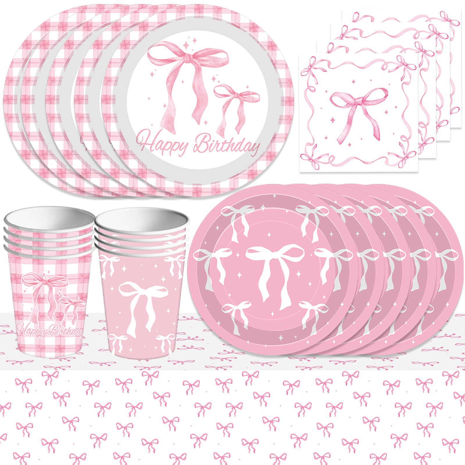 51PCS Pink Bow Birthday Decorations, Party Tableware with Paper Plates Napkins Cup Banner Pink Bowknot Birthday Party for Bridal Girls Shower Bachelorette Party Supplies, Favors 10 Guests