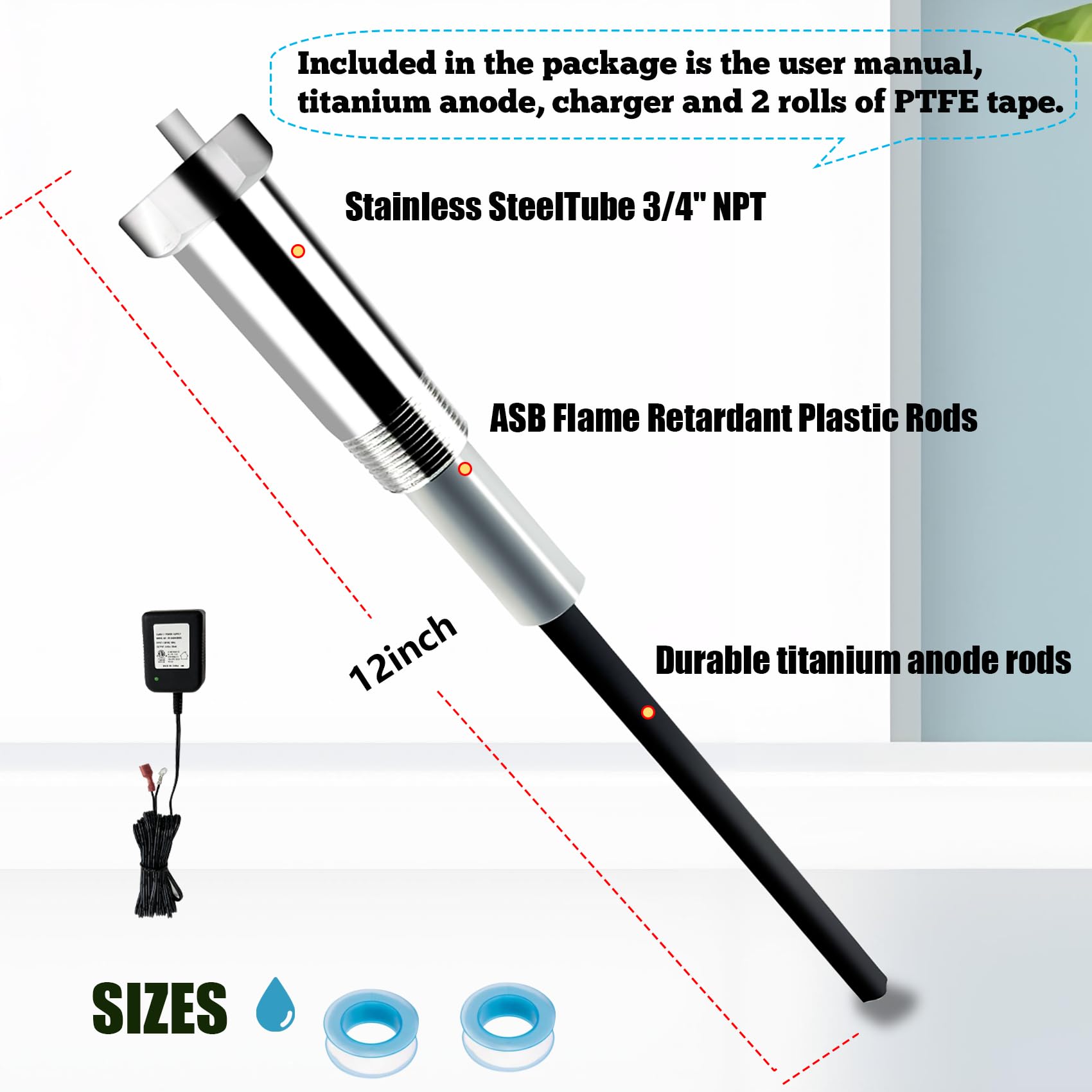 Powered Anode Rod, Powered Anode Rod For Water Heater, 40-80 Gallon Tank Powered Anode Rod, Compatible With Bradford White Water Heater, Titanium Electric Anode Rod Universal, 30 Years After Sales - View #5