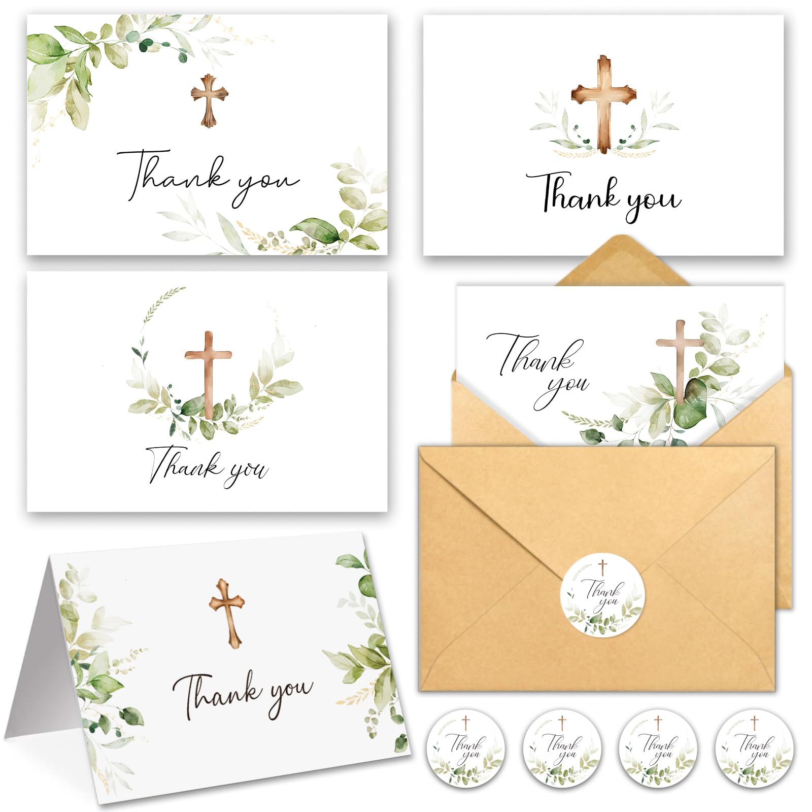HiABNRT 25 Thank You Cards with Envelopes, 5 Watercolor Greenery Cross Designs 4 x 6in Blank Inside Thank You Card for Bulk Baptism, Wedding,